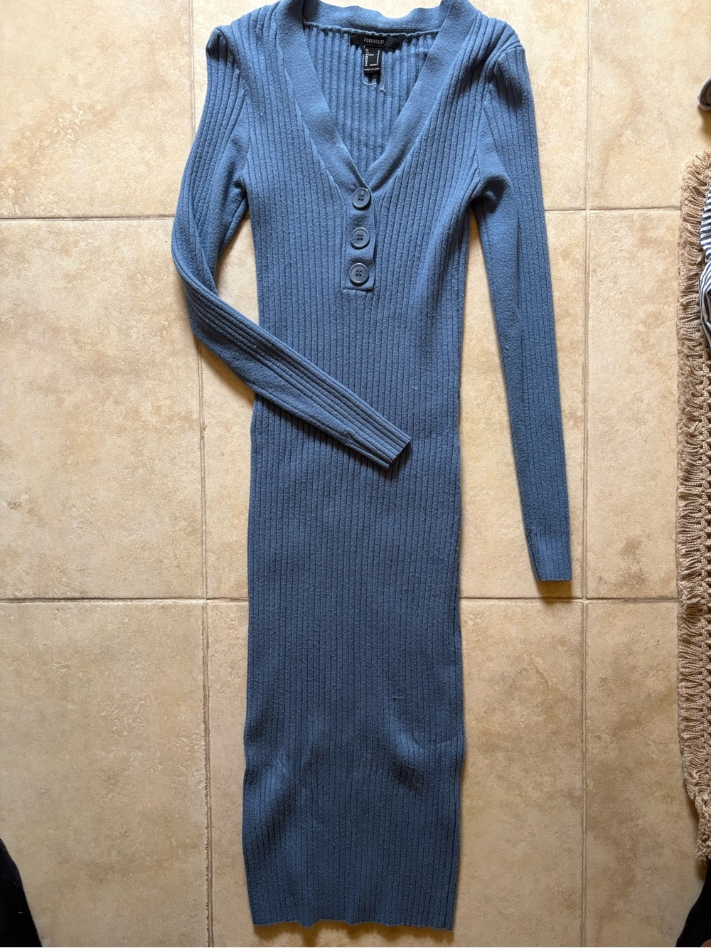 Ribbed V-Neck Button-Front Knit Dress - Blue